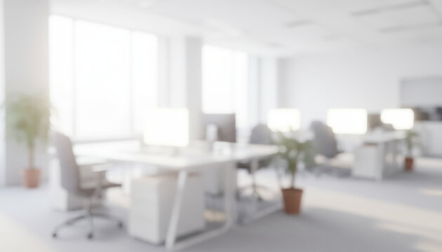 ソフトフォーカス　ぼやけたオフィスの背景画像　白色基調のモダンなオフィス