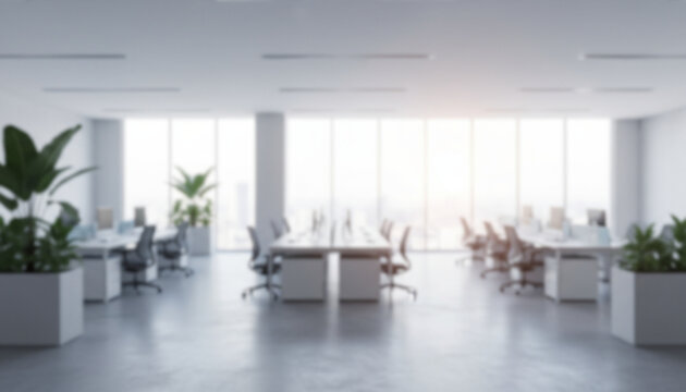 ソフトフォーカス ぼやけたオフィスの背景画像 白色基調のモダンなオフィス