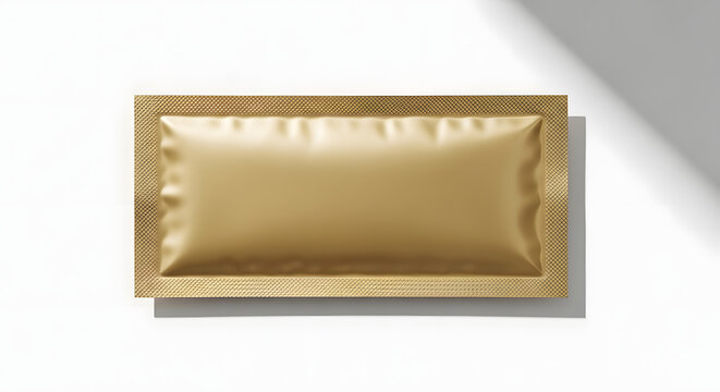 Shiny golden rectangular sachet with embossed grid border and puffed center.