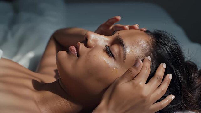 Woman Massaging Forehead While Lying in Bed Sunlight
