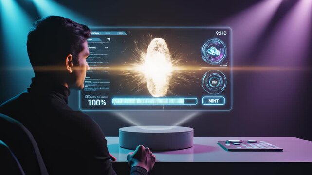 Man Mints Nft Cryptocurrency With Holographic Display Screen - Powered by Adobe