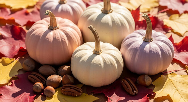 Group of pale pumpkins with beige stems, resting on colorful autumn leaves and nuts, representing harvest, fall season, thanksgiving and festive decoration