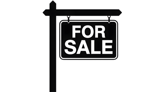 A dark image showing a for sale sign with a black background and a wooden post holding the sign up