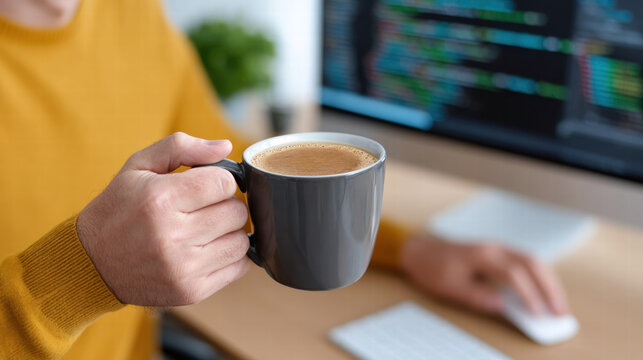 Person holding coffee cup while coding for enterprise software development workflow on computer screen