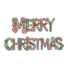 Merry Christmas" text spelled out using colorful candy canes and lollipops illustration..