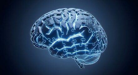 Abstract 3D rendering of a human brain made from interconnected glowing puzzle pieces against a dark blue background, symbolizing complexity and problem solving.