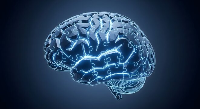 Abstract 3D rendering of a human brain made from interconnected glowing puzzle pieces against a dark blue background, symbolizing complexity and problem solving.