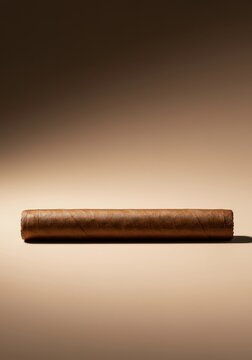 A luxurious, unlit, dark brown tobacco cigar resting horizontally upon a plain, smooth, neutral-colored background surface ,aroma, detail, brown