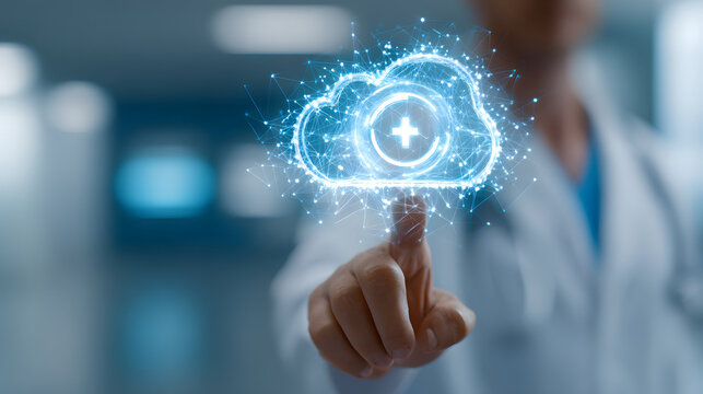 Cloud healthcare data icon medical cloud network doctor touching cloud digital health record telemedicine portal healthcare technology network