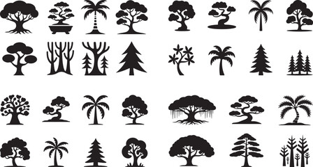 Large Vector Tree Silhouette Collection: Forest, Tropical Palm, Pine, Bonsai, and Organic Nature Graphics