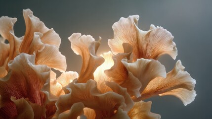 Abstract floral arrangement with soft peach and ivory petals against a muted backdrop
