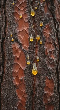 Close up view of pine bark texture, emphasizing the resinous quality suitable for extracting essential oils and natural products, organic, sap, solvent