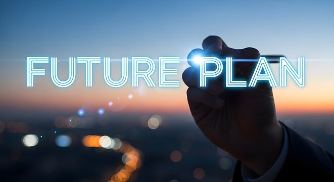Hand drawing the words future plan in glowing neon lights against a city skyline at dusk - Powered by Adobe