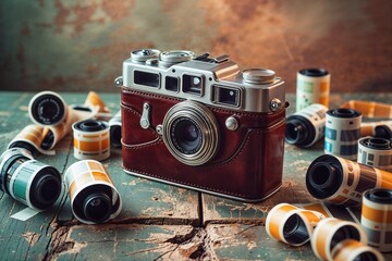 Classic camera surrounded by vintage film rolls on a wooden surface