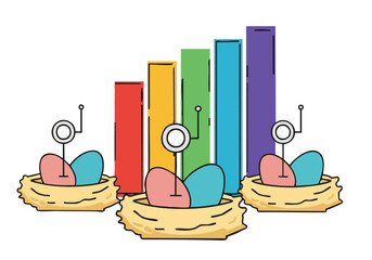 Colorful IoT eggs nestled in nests with backup tracks. Modern, vibrant illustration. Suitable for technology, data, and backup concepts.