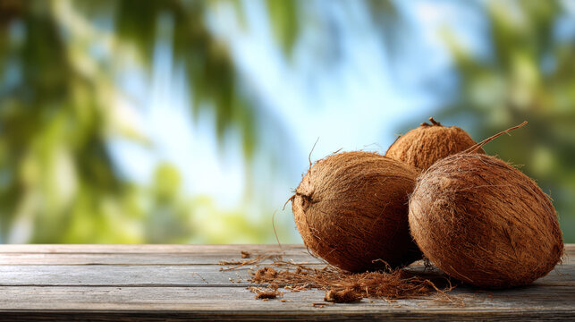 Fresh coconut tropical fruit brown shell wooden table rustic surface palm leaves blurred background natural light summer vibe copy space