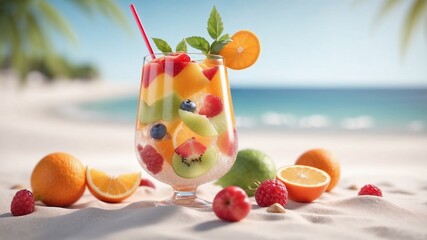 Refreshing fruit cocktail on a tropical beach during the sunny day