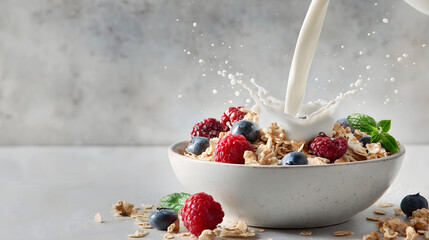 Fresh almond milk pouring into bowl of oats with berry and mint garnish, creamy splash adds energy and appetite appeal