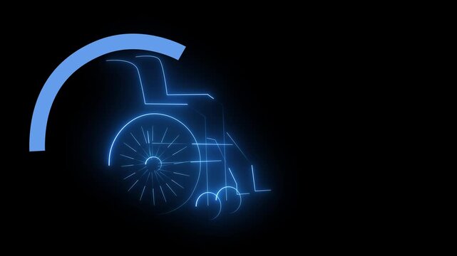 glowing neon wheelchair icon isolated, wheelchair animation on black background,