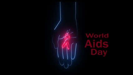 World AIDS Day neon glowing text animation on black background, health awareness campaign, HIV prevention, medical and wellness concept.