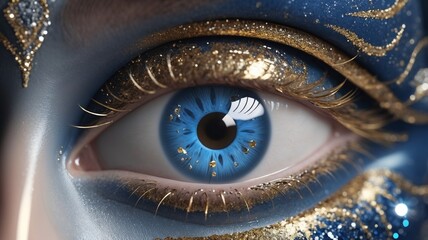 Detailed close-up of a colorful eye with artistic makeup and glitter