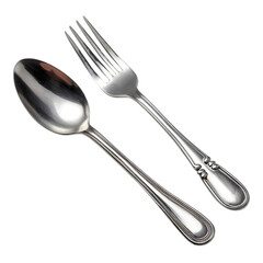 Silver spoon and fork isolated on transparent background, a classic table setting