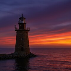 Stunning twilight view of the historic beacon structure set against a dramatic sky painted with deep orange and purple hues over vast water ,picturesque ,tower ,water