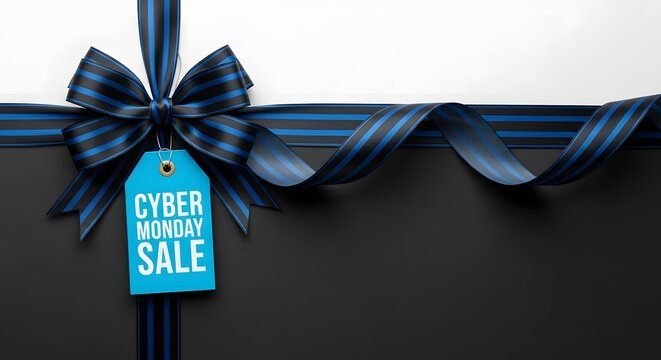 Elegant cyber monday sale gift tag tied with a blue ribbon bow