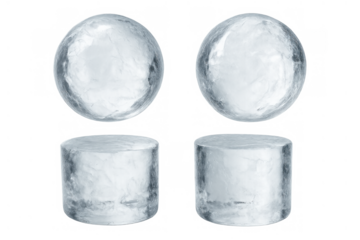 Ice spheres and cylinders creating a set of frozen geometric shapes, essential elements for refreshing drinks