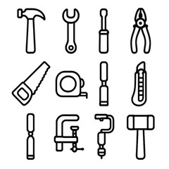 Obraz premium Outline Hand Tools Icons. Hand Tools Set linear icon set: hammer, wrench, screwdriver, pliers, saw, tape measure, chisel, utility knife, file, clamp, hand drill, mallet. , .
