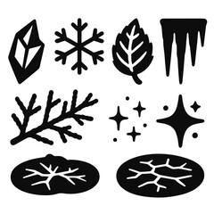 Glacial Frost Icons. Glacial Frost Icons silhouette icon set: ice shard, snowflake, frost-covered leaf, icicle, frozen branch, sparkle dust, winter glow, frozen pond