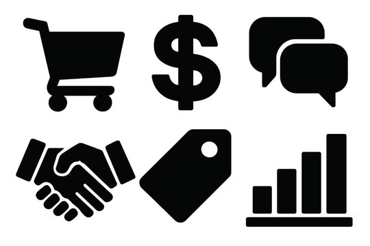 Bold Market Icons. Market bargaining silhouette icon set: shopping cart, dollar sign, chat bubbles, handshake, tag, bar graph.