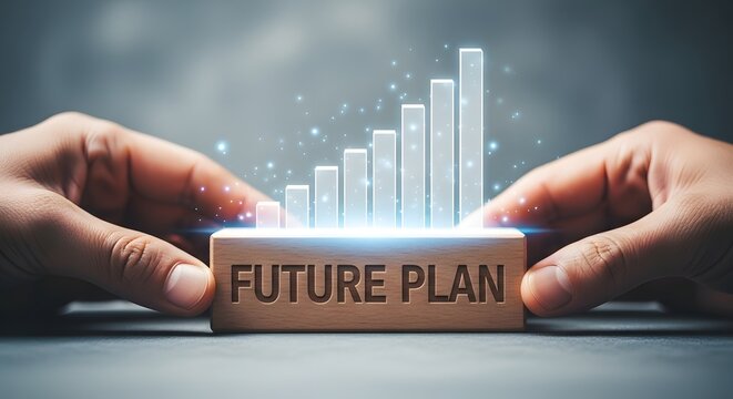 Hands holding wooden block with future plan text and upward growing bar chart - Powered by Adobe