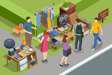 Isometric illustration of people buying and selling items at a garage sale. Concept of community trade, thrift shopping, and secondhand economy.