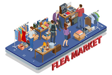 Flea Market Online, Isometric illustration of an online flea market with people shopping for vintage goods through mobile platform. Concept of digital resale and reuse