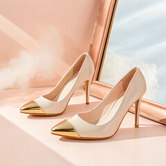 Elegant Beige And Gold High Heels Against Pastel Pink Background With Mirror