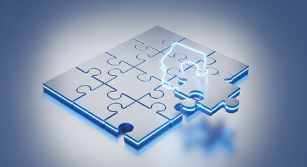 3D metallic puzzle with a glowing blue house outline symbolizing finding property, real estate solutions, or building a home strategy.