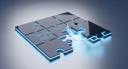 Blue glowing puzzle piece fitting into a dark metallic jigsaw grid, representing strategy, solution, and business connection concept.
