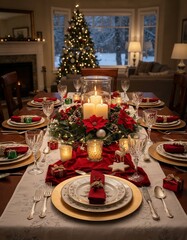 christmas dinner table, warm and elegant. 