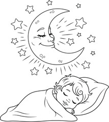 Sleeping Baby and Smiling Moon Coloring Page