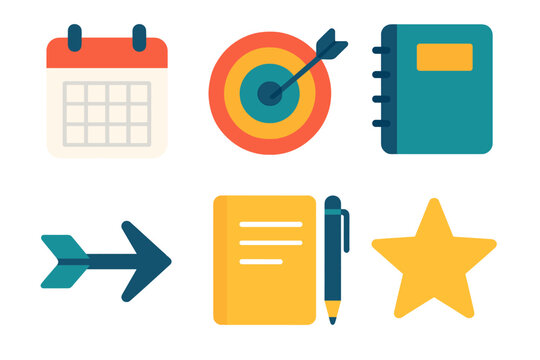 Vibrant Goal Icons. Monthly Goals flat icons: Calendar, Target, Arrow, Notebook, Pen, Star.