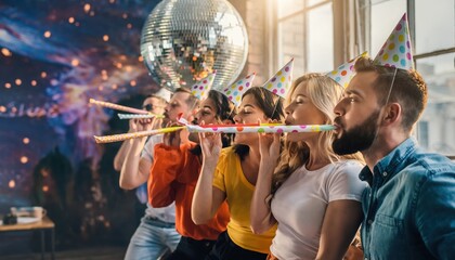 Friends celebrate with party blowers and disco ball.