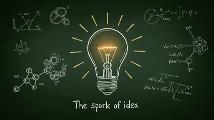 Glowing lightbulb on chalkboard with scientific formulas and gears symbolizes an idea - Powered by Adobe