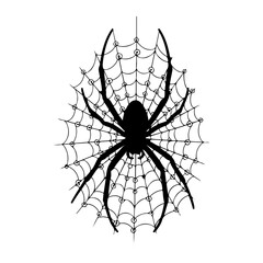 Obraz premium Black silhouette of a spider on a web against a white background