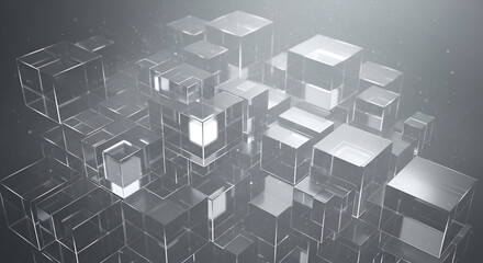 Capturing the essence of data and innovation with a modern abstract composition of transparent cubes floating in a luminous, ethereal space
