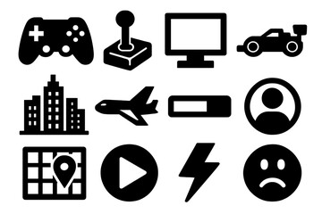 Bold Gaming Icon Set. Gaming Simulation silhouette icon set: game controller, joystick, monitor, race car, cityscape, aircraft, progress bar, avatar icon, map grid, play button,