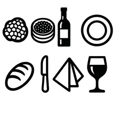Gourmet Dining Icons. Fine Dining Gourmet Set silhouette icon set: truffle, caviar tin, wine bottle, plate, bread, butter knife, napkin, glass.