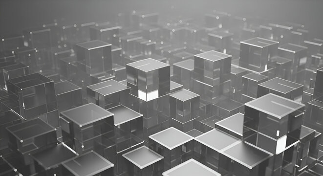 Stunning abstract geometric background of reflective glass cubes creating a modern, sophisticated digital landscape for technology and data concepts.