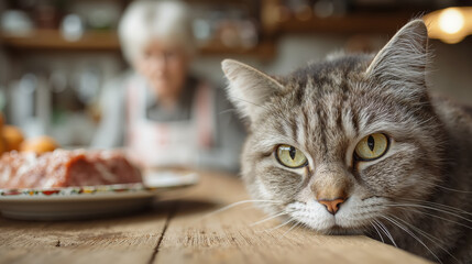 Tabby cat relaxed on wooden table with elderly woman in kitchen background