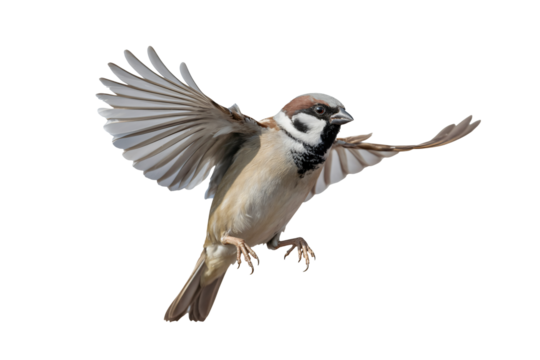 Swift sparrow takes flight with wings spread wide showing intricate feather detail and dynamic motion captured perfectly for natural themes
